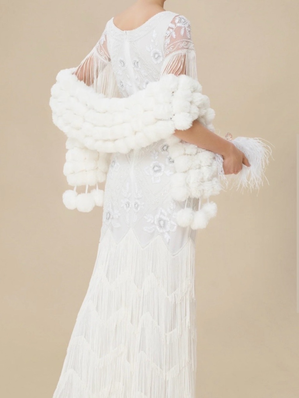 Ivory Beaded Fringe V-Neck Maxi Dress with Floral Appliqué - Picture 3 of 9